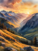 Printable Sunset Silhouette of Mountain Ridges Realistic Landscape Art