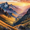 Printable Sunset Silhouette of Mountain Ridges Realistic Landscape Art