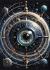 Fantasy Art with Detailed Human Eye and Clock Pupil amid Zodiac Constellations