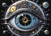Fantasy Art with Detailed Human Eye and Clock Pupil amid Zodiac Constellations