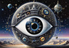 Fantasy Art with Detailed Human Eye and Clock Pupil amid Zodiac Constellations