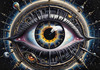Fantasy Art with Detailed Human Eye and Clock Pupil amid Zodiac Constellations