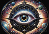 Fantasy Art with Detailed Human Eye and Clock Pupil amid Zodiac Constellations