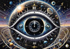 Fantasy Art with Detailed Human Eye and Clock Pupil amid Zodiac Constellations