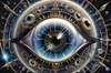 Fantasy Art with Detailed Human Eye and Clock Pupil amid Zodiac Constellations