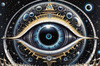 Fantasy Art with Detailed Human Eye and Clock Pupil amid Zodiac Constellations