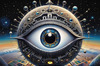 Fantasy Art with Detailed Human Eye and Clock Pupil amid Zodiac Constellations