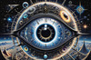 Fantasy Art with Detailed Human Eye and Clock Pupil amid Zodiac Constellations