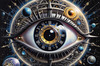 Fantasy Art with Detailed Human Eye and Clock Pupil amid Zodiac Constellations