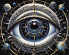 Fantasy Art with Detailed Human Eye and Clock Pupil amid Zodiac Constellations