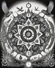 Surreal Black and White Mandala with Clock and Magical Symbols Art Print