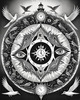 Surreal Black and White Mandala with Clock and Magical Symbols Art Print