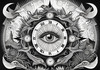 Surreal Black and White Mandala with Clock and Magical Symbols Art Print