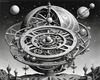 Surreal Black and White Orrery with Zodiac Constellations Art Print