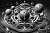 Surreal Black and White Orrery with Zodiac Constellations Art Print