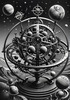 Surreal Black and White Orrery with Zodiac Constellations Art Print