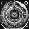 Printable Surreal Black and White Extraterrestrial Eye with Zodiac Constellations and Clock Detail