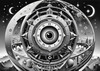 Printable Surreal Black and White Extraterrestrial Eye with Zodiac Constellations and Clock Detail