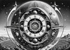 Printable Surreal Black and White Extraterrestrial Eye with Zodiac Constellations and Clock Detail