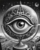 Printable Surreal Black and White Extraterrestrial Eye with Zodiac Constellations and Clock Detail