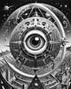 Printable Surreal Black and White Extraterrestrial Eye with Zodiac Constellations and Clock Detail