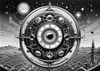 Printable Surreal Black and White Extraterrestrial Eye with Zodiac Constellations and Clock Detail