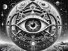 Printable Surreal Black and White Extraterrestrial Eye with Zodiac Constellations and Clock Detail