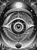 Printable Surreal Black and White Extraterrestrial Eye with Zodiac Constellations and Clock Detail