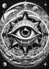 Printable Surreal Black and White Extraterrestrial Eye with Zodiac Constellations and Clock Detail