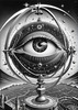 Printable Surreal Black and White Extraterrestrial Eye with Zodiac Constellations and Clock Detail