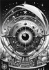 Printable Surreal Black and White Extraterrestrial Eye with Zodiac Constellations and Clock Detail