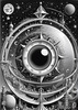 Printable Surreal Black and White Extraterrestrial Eye with Zodiac Constellations and Clock Detail