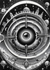 Printable Surreal Black and White Extraterrestrial Eye with Zodiac Constellations and Clock Detail