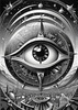 Printable Surreal Black and White Extraterrestrial Eye with Zodiac Constellations and Clock Detail