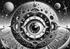 Printable Surreal Black and White Extraterrestrial Eye with Zodiac Constellations and Clock Detail