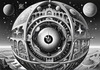 Printable Surreal Black and White Extraterrestrial Eye with Zodiac Constellations and Clock Detail