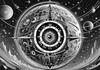 Printable Surreal Black and White Extraterrestrial Eye with Zodiac Constellations and Clock Detail