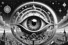 Printable Surreal Black and White Extraterrestrial Eye with Zodiac Constellations and Clock Detail