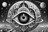 Printable Surreal Black and White Extraterrestrial Eye with Zodiac Constellations and Clock Detail
