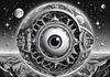 Printable Surreal Black and White Extraterrestrial Eye with Zodiac Constellations and Clock Detail
