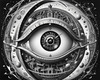 Printable Surreal Black and White Extraterrestrial Eye with Zodiac Constellations and Clock Detail