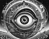 Printable Surreal Black and White Extraterrestrial Eye with Zodiac Constellations and Clock Detail
