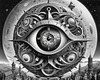 Printable Surreal Black and White Extraterrestrial Eye with Zodiac Constellations and Clock Detail