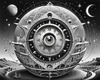Printable Surreal Black and White Extraterrestrial Eye with Zodiac Constellations and Clock Detail