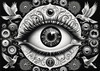 Black and White Surreal Human Eye with Zodiac Mandala Art Print