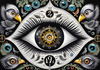 Black and White Surreal Human Eye with Zodiac Mandala Art Print