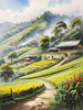 Terraced Tea Plantations with Quaint Cottages in the Distance Landscape Print