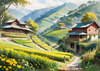 Terraced Tea Plantations with Quaint Cottages in the Distance Landscape Print