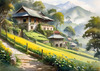 Terraced Tea Plantations with Quaint Cottages in the Distance Landscape Print