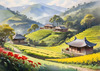 Terraced Tea Plantations with Quaint Cottages in the Distance Landscape Print